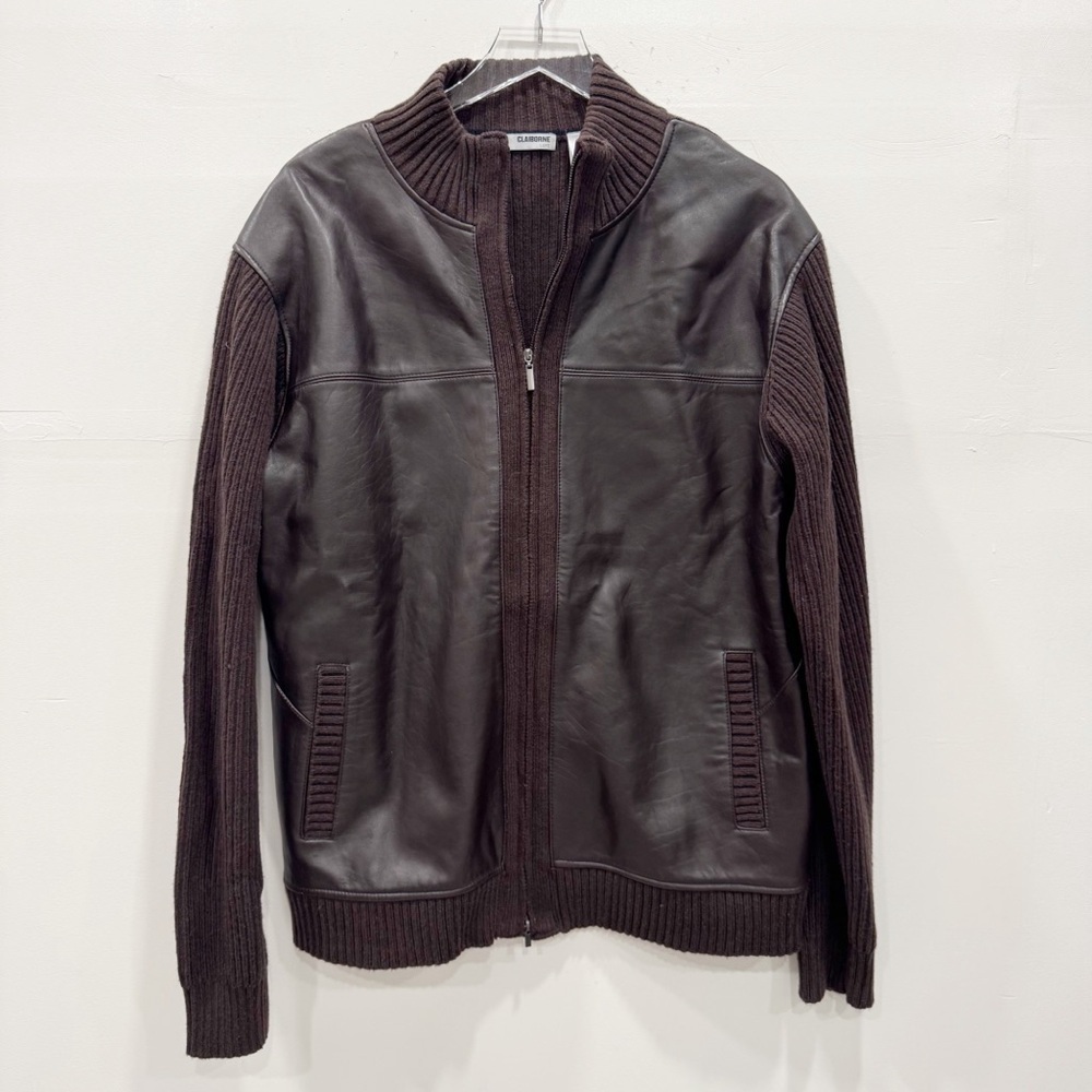 Vintage Claiborne Mixed Media Leather Jacket Chocolate Brown Knit Sleeve Back XL